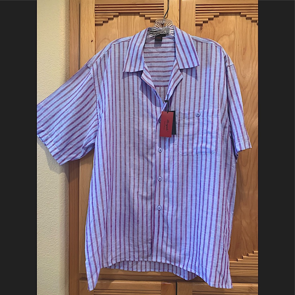 BERGATI Italian Linen SHIRT LtBlue/Plum Stripe  L